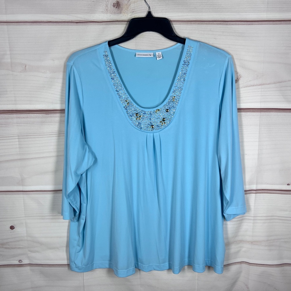 Susan Graver Liquid Knit Top Womens 2X Blue Beaded Scoop Neck 3/4 Sleeve Blouse